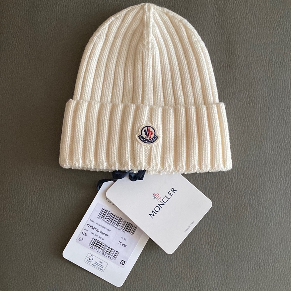 Moncler Cream Ribbed Knit Beanie with Logo Patch